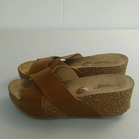 A. Giannetti Italy Leather cross strap slides 3" cork heel platform wedgesandals - Picture 3 of 9
